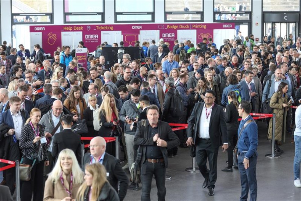 Many people at the DMEA event, standing in the South Entrance of Messe Berlin.